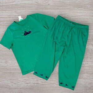 QUACKER FACTOR Vintage 2-PC Green Embroidered Whale Top & Pants Outfit Set 1X